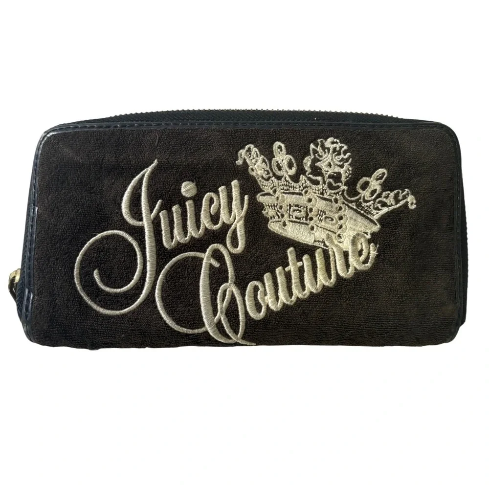 Vintage Juicy Couture Y2K Velour Zip Wallet Brown Embroidered Crown Charge It